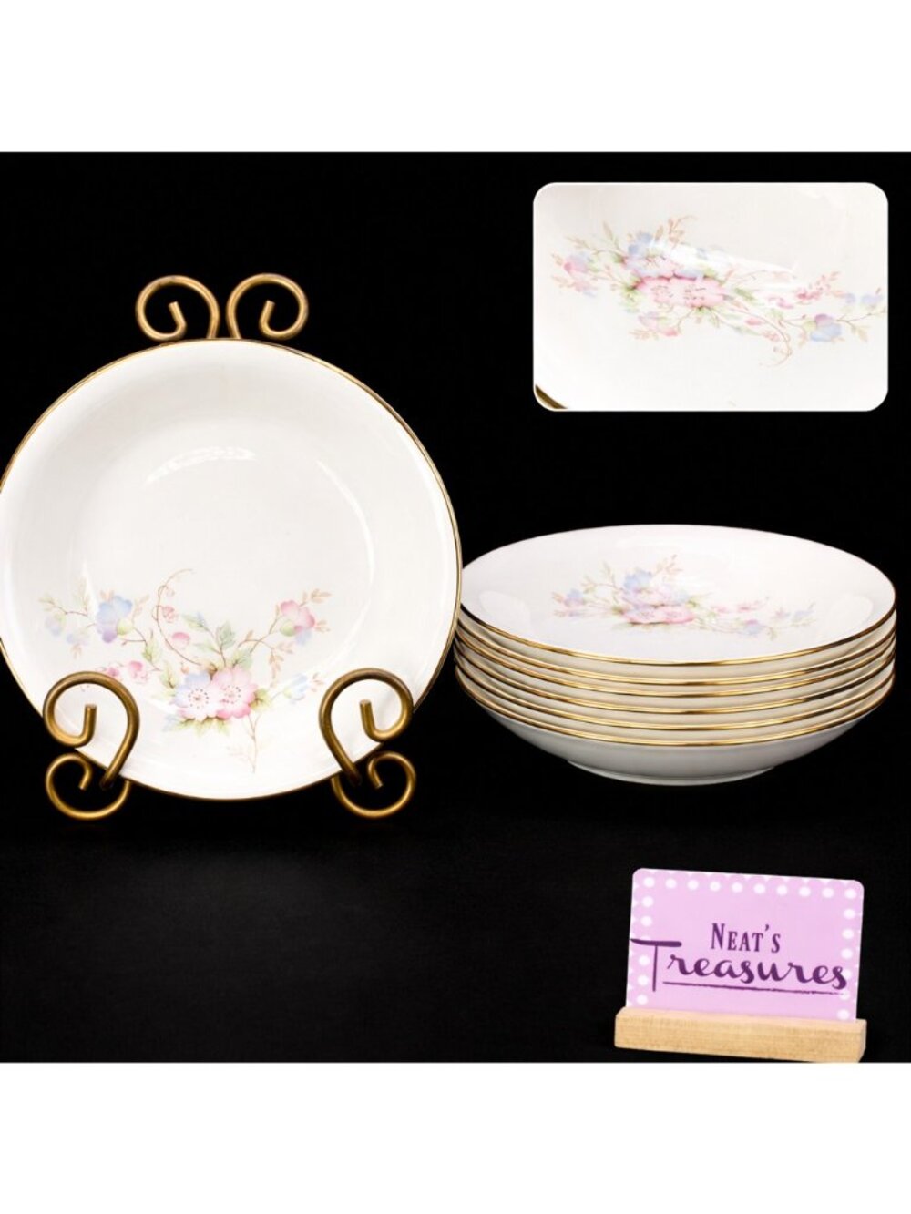 Berkshire FLORAL Pink Blue English Bone China Gold Trim Soup Cereal Bowls Set 6